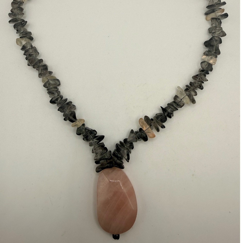 Rose Quartz Pendant Smoky Quartz Chip Necklace Bohemian Stone Jewelry 14 Inch